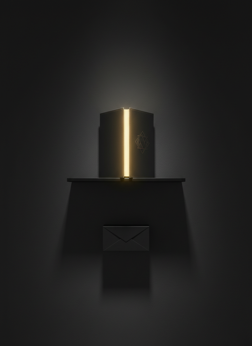 A solitary, unbranded book stands upright on a narrow black shelf against a deep charcoal wall, its spine illuminated by a thin band of golden light that suggests illumination emerging from darkness. Etched into the cover is a subtle, geometric emblem that could belong to a secret order, rendered without words. Below the shelf rests a small, closed black box with a barely visible envelope-shaped indentation, symbolizing hidden messages and updates. Dramatic, low-key studio lighting from above and slightly behind creates sharp contrasts and long shadows. Photographic realism with a slightly low-angle perspective, emphasizing mystery, depth, and a sophisticated supernatural tone perfect for a series overview section.